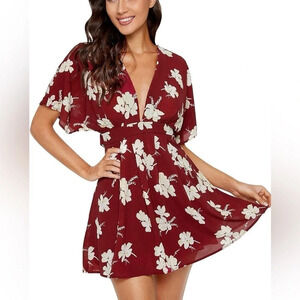 Floerns Women's Tropical Floral Plunging V Neck Tie Open Back Summer Short Dress